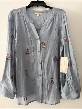 fig and flower Light Blue Embroidered Button-Down Shirt